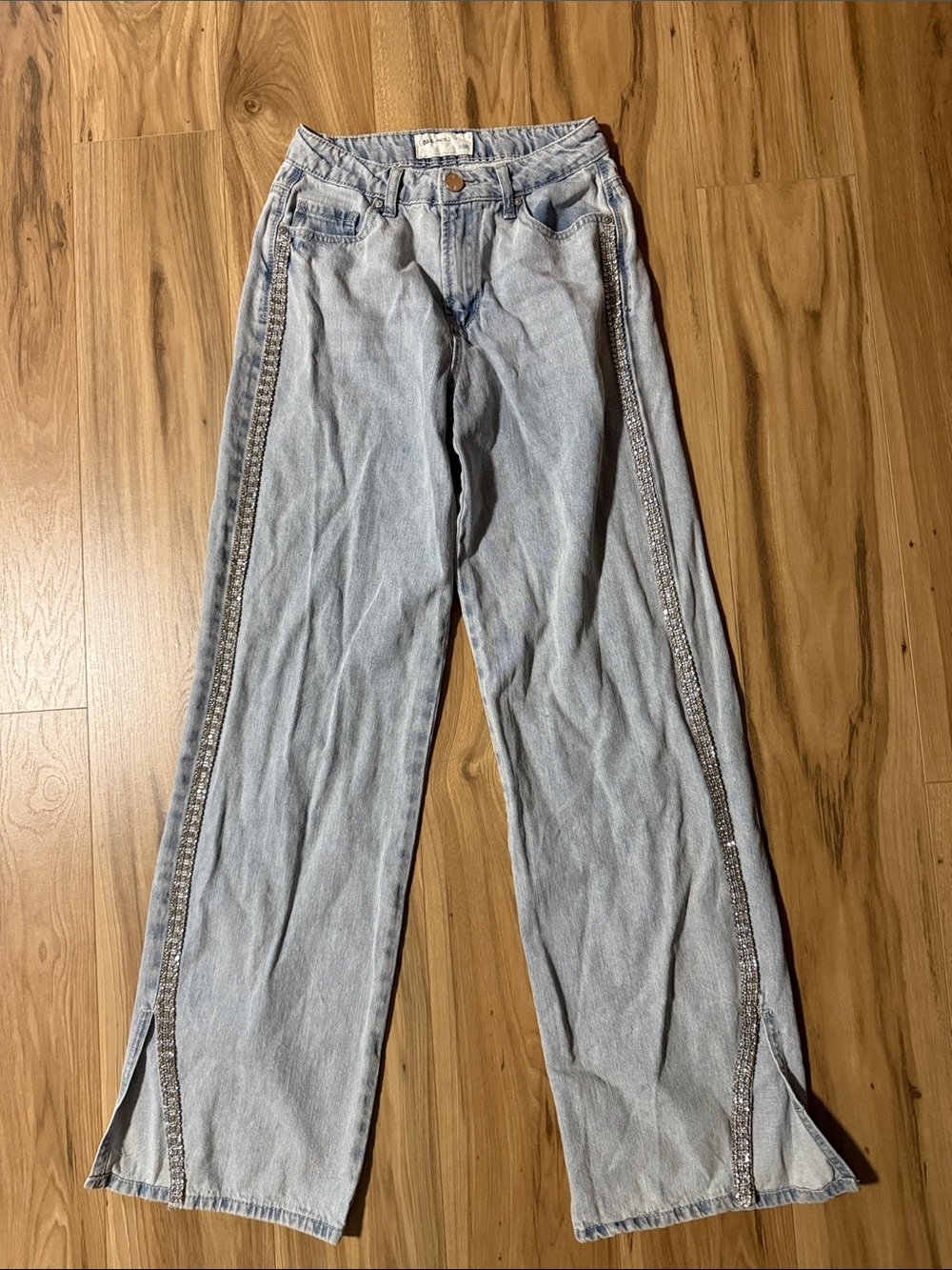 Light Blue Wide-Leg Women's Jeans with Side Rhinestone Trim